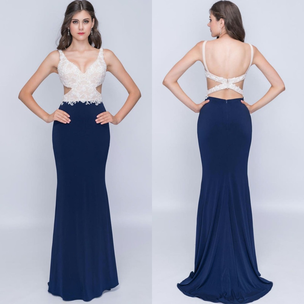 Nina Canacci Formal Evening‎ Dress 10 Embellished Beaded Cut Out Navy Blue Cream